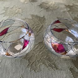 Vintage Set Of 2 PartyLite Calypso Mosaic Stain Glass Melts Tealight Votive Holders
