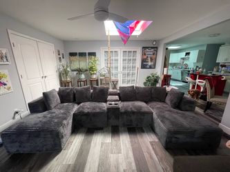 Large Gray Corduroy Sectional Sofa with Console
