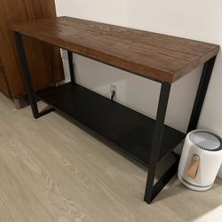 Custom reclaimed wood and steel console table with shelf