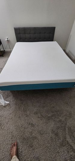 Queen Upholstered Bed Frame + Mattress – Excellent Condition