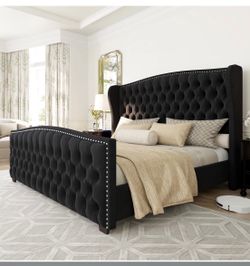 DuJuan Deep Button Tufted Upholstered King Bed with Nailhead Trim Wingback Headboard, Black