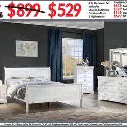 4pc Bedroom Set $529 Queen $629 Eastern King Includes bedframe Dresser mirror nightstand White Bedroom Set