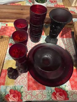 Serving trays and Red antique glass dishes
