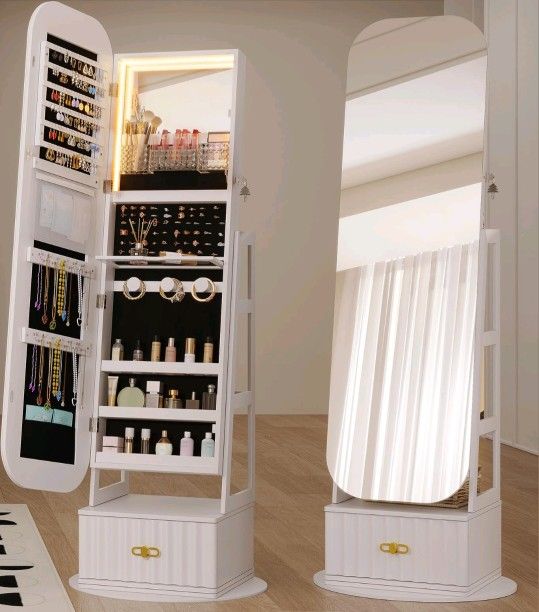 3-in-1 360 Swivel Jewelry Cabinet with LED Light, Lockable Jewelrv Mirror Cabinet, Standing Jewelry Armoire, Frameless Full-Length Mirror, 3 Storage S