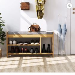 Shoes Bench with Cushioned Seat, Entryway Shoes Rack Bed End Stool with Storage Shelves, Natural (up to 7 Shoes)