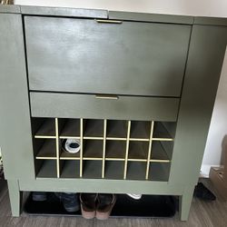 Olive Green Coffee Cabinet/Wine Rack with side storage and drawer