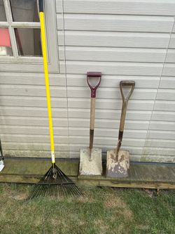 2 shovels and rake