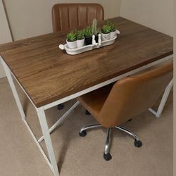 Wood (faux) Top And Metal Legs (strong) With 2 Leather Chairs- Kitchen Dinning Desk Table 45 X 30 X 30