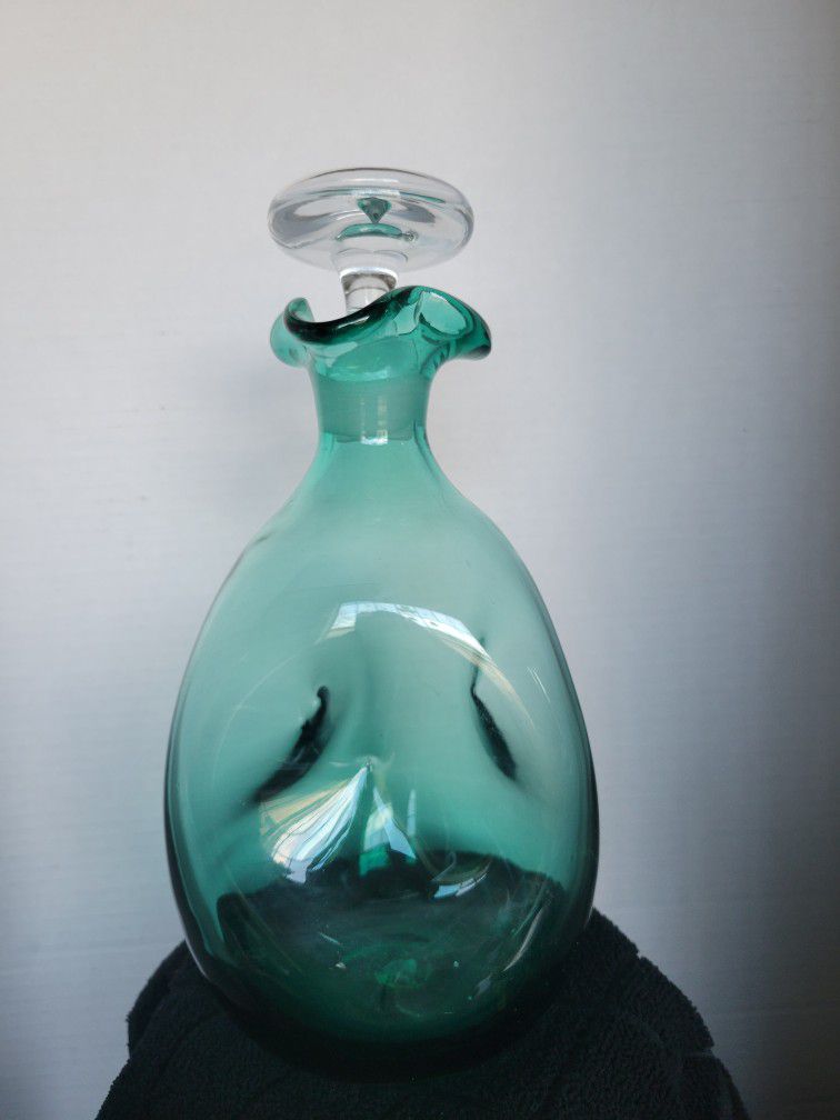 Vintage MCM Blenko Pinched Decanter Teal w/Stopper Winslow Anderson 10"