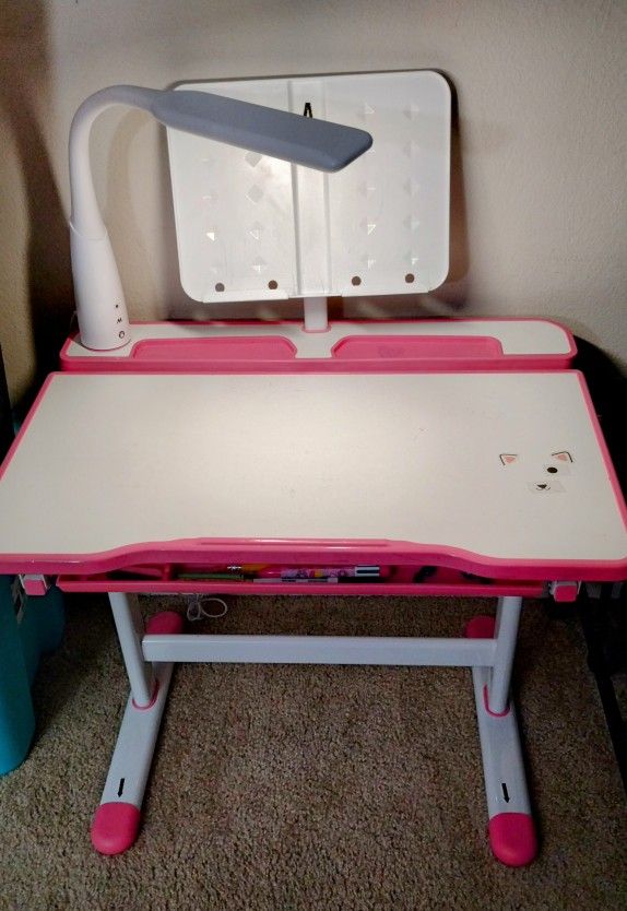 Kids Study Table and Chair Set,Adjustable Girls School Writing Study Table,with Large Writing Board LED Pull Out Drawer