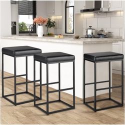 HeuGah Counter Height Bar Stools,30 inch Bar Height Stools,Faux Leather Bar Stools Set of 2,Modern Backless Bar Stools with Upholstered and Metal Stee
