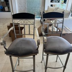 Pair of grey velvet upholstered bar stools - 28” T