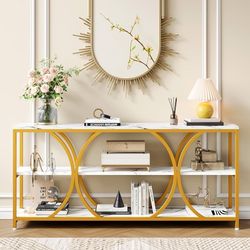70.8 inch Extra Long Entryway Table,Narrow Sofa Table Behind Couch with 3 Tier Storage Shelves for Hallway, Living Room,Console Table with Gold Frame 
