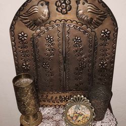 VINTAGE ORNATE STAMPED ETCHED BRASS WINE GLASS CHALICE CUP VASE BIRD SPARROW FAUX WINDOW SHUTTER MIRROR ORIENTAL PICTURE FRAME