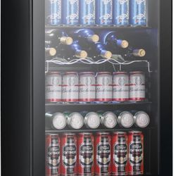 Joy Pebble Beverage Refrigerator Cooler, 145 Can Mini Fridge with Glass Door for Beer Soda Wine, Small Drink Fridge with Adjustable Thermostat, Bevera