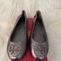 Tory Burch Women's Minnie Travel Ballet Flats Shoes Pewter Leather Size 9.5 (BRAND NEW IN BOX)