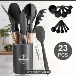 Upgrade Your Kitchen with 23pcs (12pcs kitchen utensils + 5pcs small colanders + 5pcs large colanders + 1pc small scraper) Silicone Cooking Tools Set 