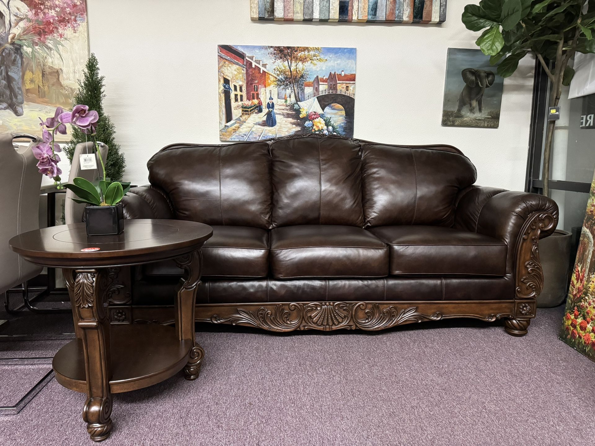 65% SALE Top Grain Leather Sofa With Carving Wood