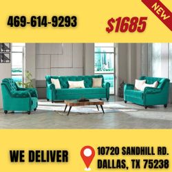 Green Sofa Loveseat Chair All 3pcs With Pillows 