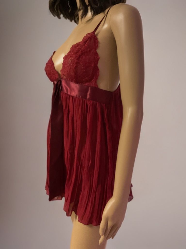 Y2K Victoria's Secret Satin Lace Pleated Lingerie Teddy Sheer Babydoll w/Bow Size Small