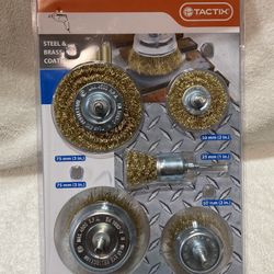 New TACTIX STEEL & BRASS COATED DRILL WIRE BRUSH SET ,  5 Piece