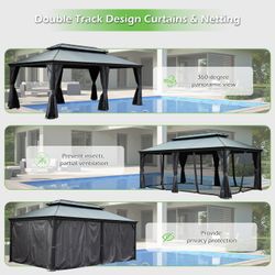 12'x20' Hardtop Gazebo with Resin Roof, Outdoor Metal Gazebo with Drainage Gutters, Permanent Heavy Duty Pavilion for Patio, Backyard and Deck, Curtai