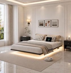 FULL SIZE Floating Bed Frame, Heavy Duty Bedframe with Smart LED Lights & Charging Station,