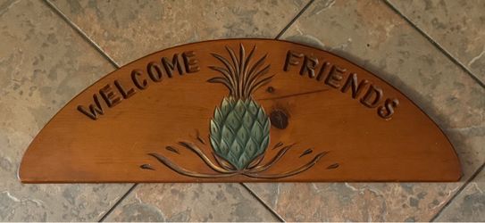 Wood Pineapple Welcome Friends Wall Hanging 24” x 11” Like NEW!