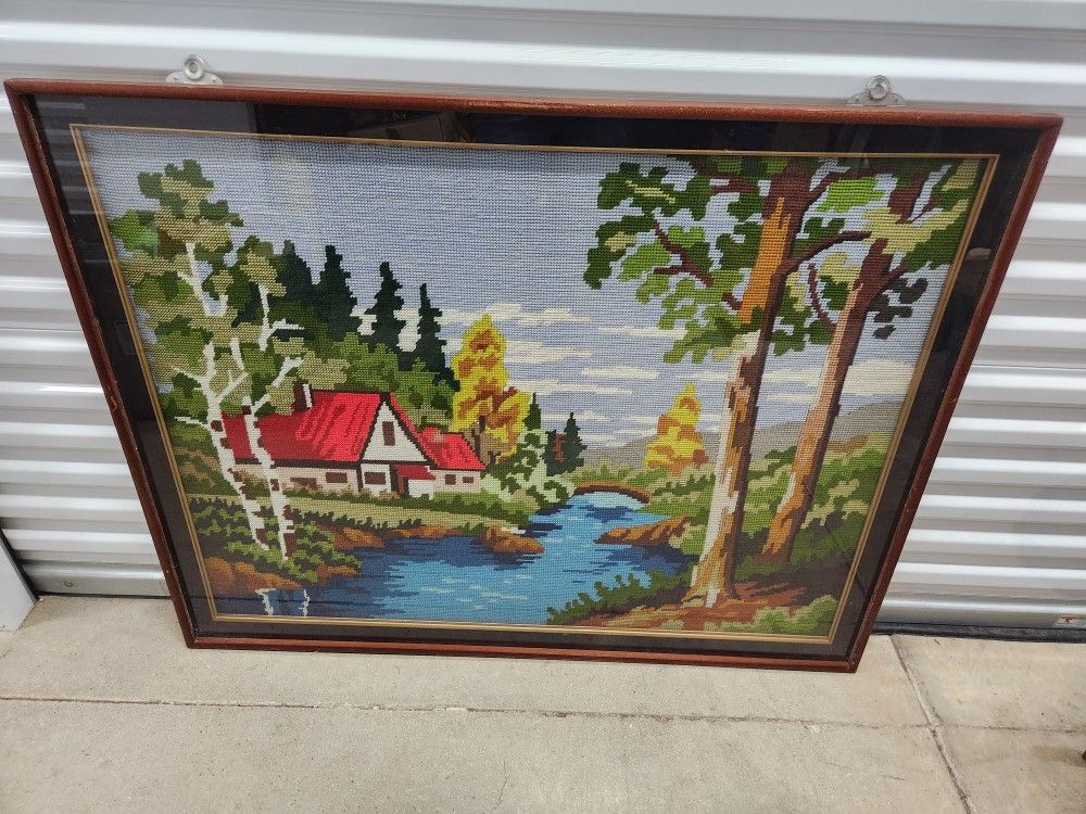 vintage large farm / lake house red roof large latch hook framed hanging art.