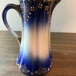 VINTAGE Antique COBALT BLUE GOLD TRIM K & G LUNEVILLE FRANCE PITCHER