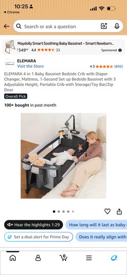 ELEMARA 4 in 1 Baby Bassinet Bedside Crib with Diaper Changer, Mattress, 1-Second Set up Bedside Bassinet with 3 Adjustable Height, Portable Crib with