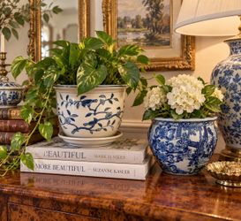 Vintage Lot 2 Blue White Porcelain Planter Saucer Grandma Millennial, Granny, Cottage Chic Chinoiserie Bird Floral Pot Cachepot Trendy Both