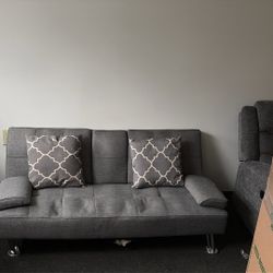 Modern Gray Futon Sofa Bed - Convertible w/ Pillows