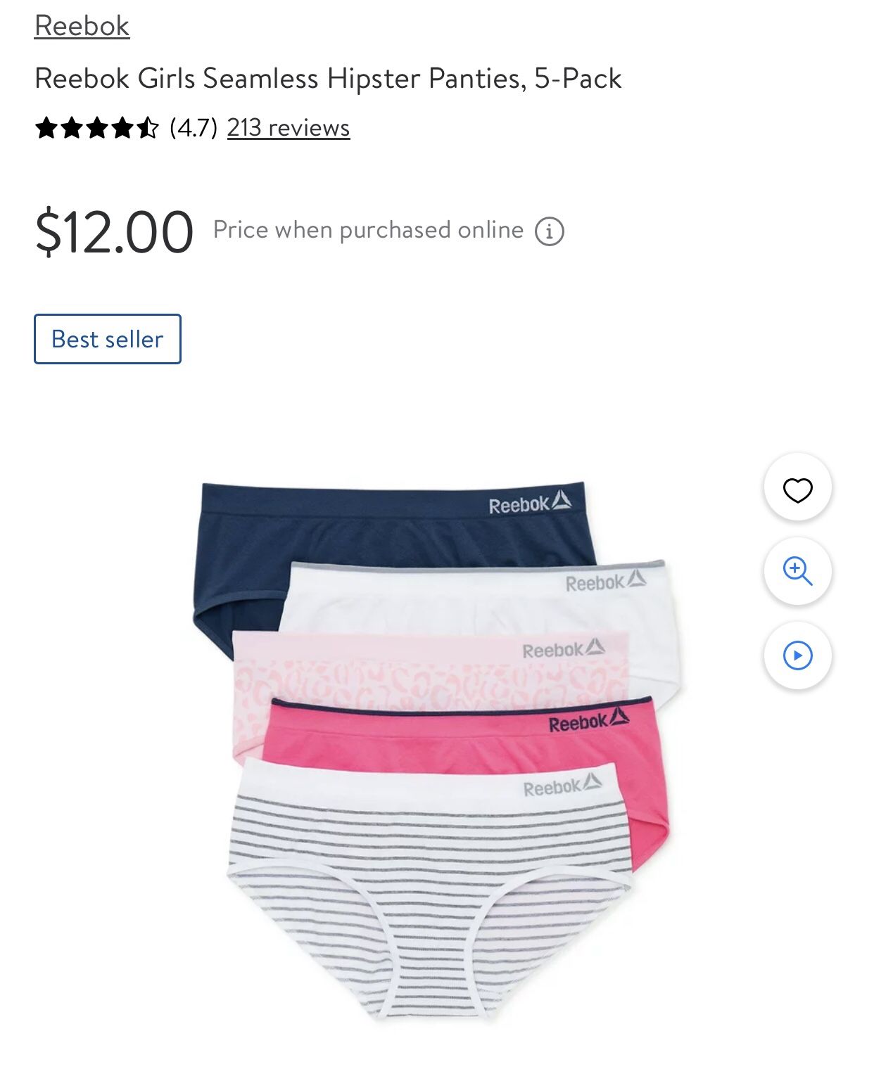 girls Reebok boyshorts and hipster panties S (6-7)