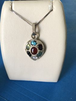 Sterling silver 925 pendant necklace custom & hand made,7 stone,Agate,Quartz,Turquoise, Emerald, Garnet,1”teardrop, 18” chain .NEW NEVER BEEN USED