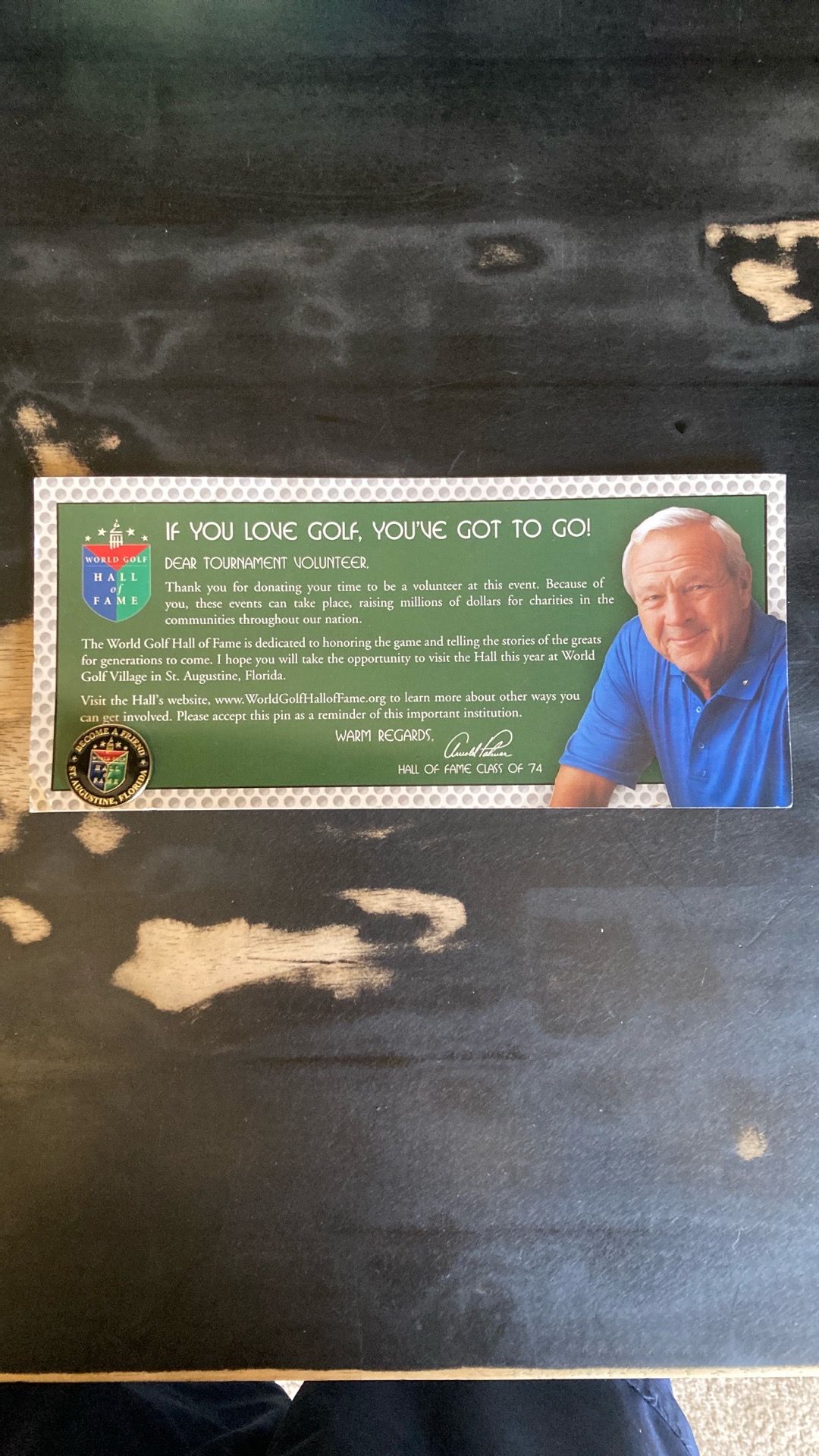 Rare Arnold Palmer memory Lapel w/ pin