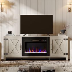  63" Fireplace TV Stand for TVs Up to 70", Farmhouse Barn Door Entertainment Center with Electric Heater, Storage Cabinets & Shelves, Remote Control M