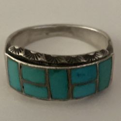 Navajo Zuni Inlay Turquoise Ring Sterling Silver VINTAGE- Stamped  HC