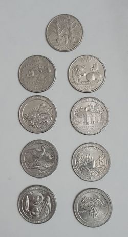 A collection of 9 United States commemorative quarter-dollar coins, spanning the 50 State Quarters, America the Beautiful, and American Innovation/Nat