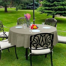Outdoor Tablecloth with Umbrella Hole - Patio Table Cloth Zippered Round 60 Inch, Khaki Linen-Look Polyester Table Cover Water Resistant for Picnic Ou