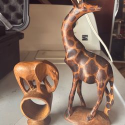 Hand Carved Wooden Elephant And Giraffe
