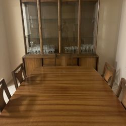 Vintage Mid-Century, Modern Dining Room, Set Curio Cabinet And Table With Six Chairs