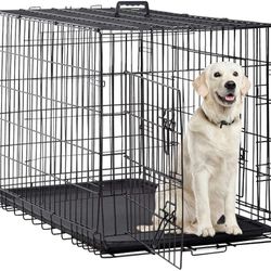 42" Large Indoor or Outdoor Metal Wire  Double-Door Folding Dog Crate Kennel with Plastic Tray and Handle in an Open Box