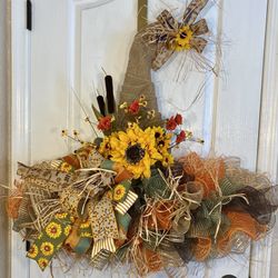 Large Fall Hat Door Hanger Wreath Sunflowers