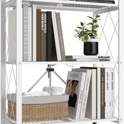 3 Tier Foldable Metal Storage Shelf with Wheels, 300 LBS Heavy Duty Collapsible Wire Shelving Unit, Rolling Utility Rack Cube Bookshelf for Kitchen Pa