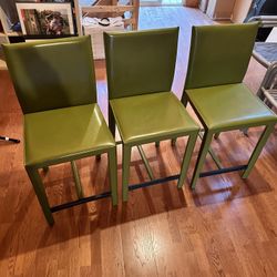 Crate &Barrel Folio Olive Green Top Grain Leather Counter Stools