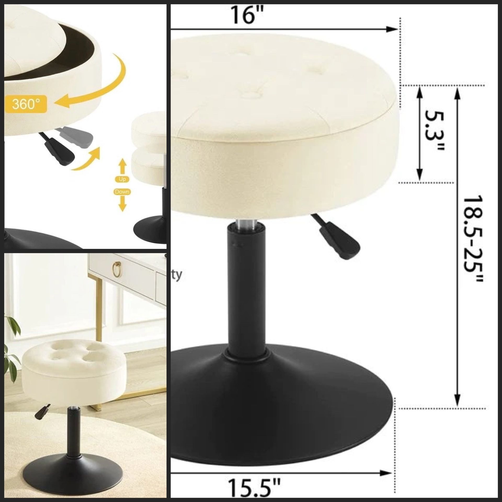 New 16” Vanity Stool Chair for Makeup Room Round Adjustable Chair with Storage Ottoman Seat