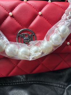Red Quilted Handbag with Pearl Strap