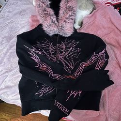 black and pink spider web zip up with fur 