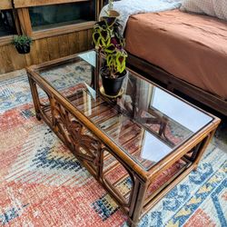 Vintage Bamboo Glass Top Coffee Table 